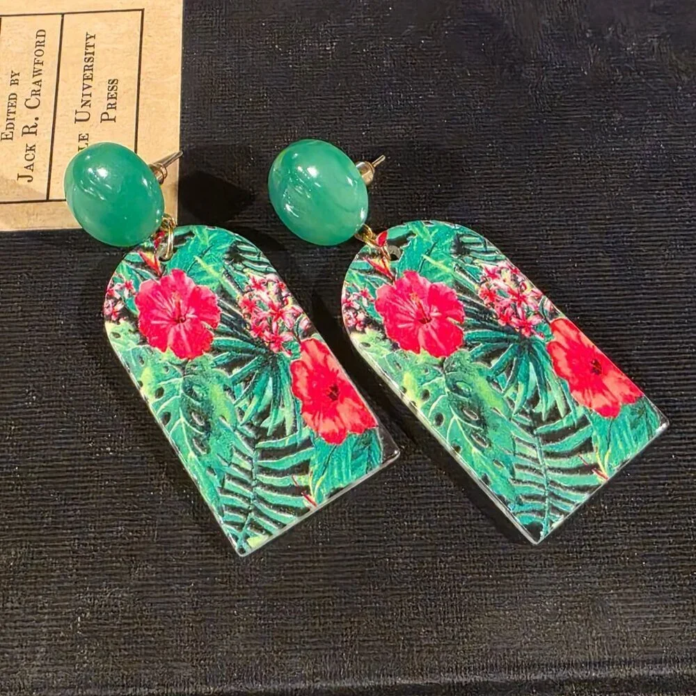 Retro 80s Style Tropical Flowers Plants Vintage Lucite Pendant Dangle earrings